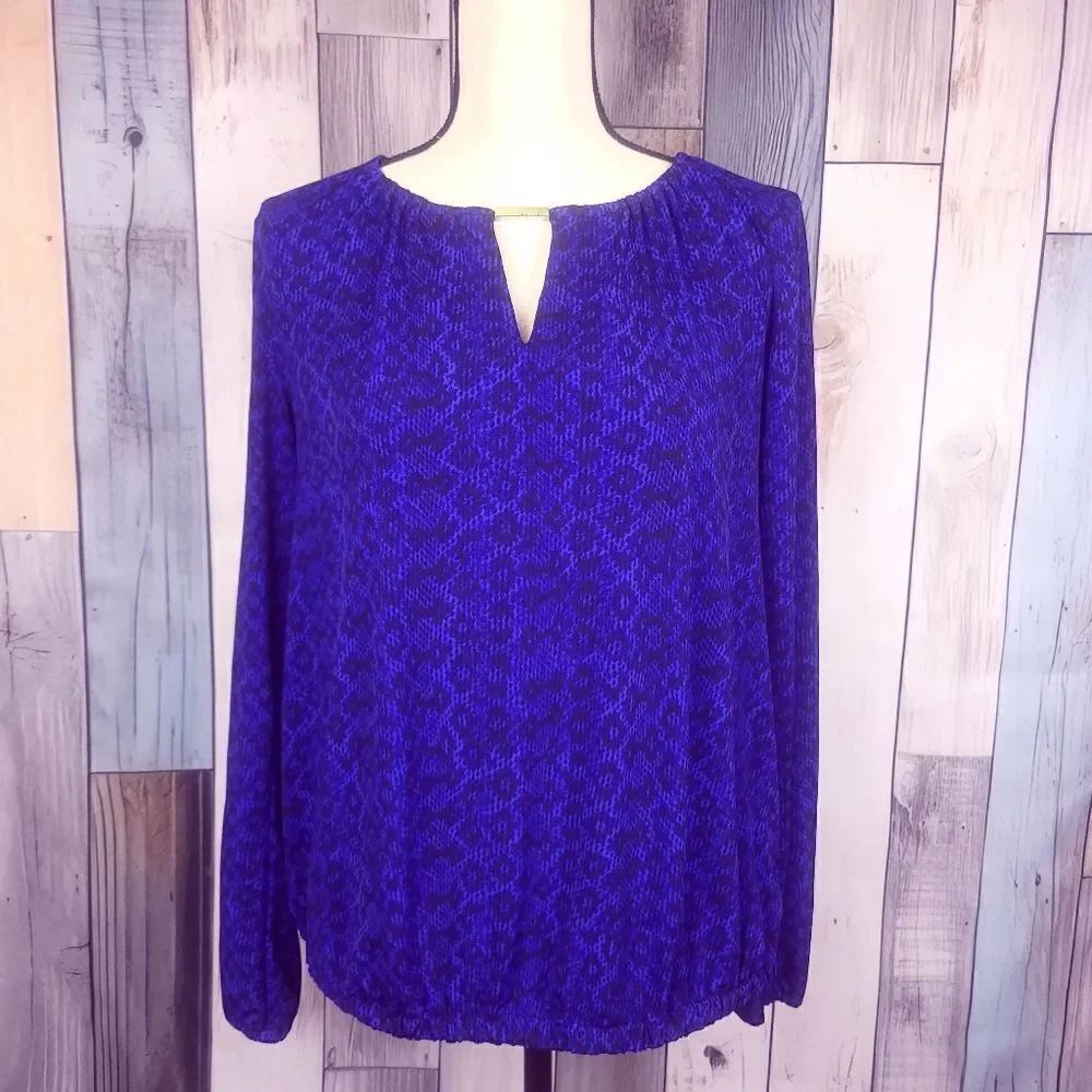 Michael Kors Blue Blue Black Snake Print Long Sleeve Keyhole Blouse Size Small